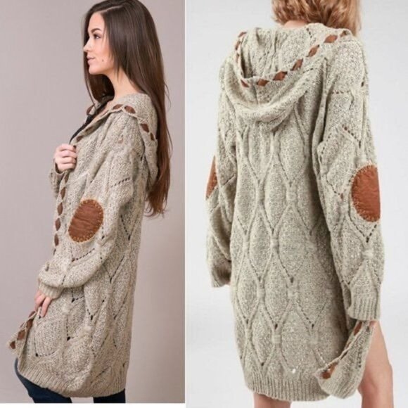 POL Sweaters - Pol M Cozy Cable Knit Hooded Long Cardigan Duster With Elbow Patches